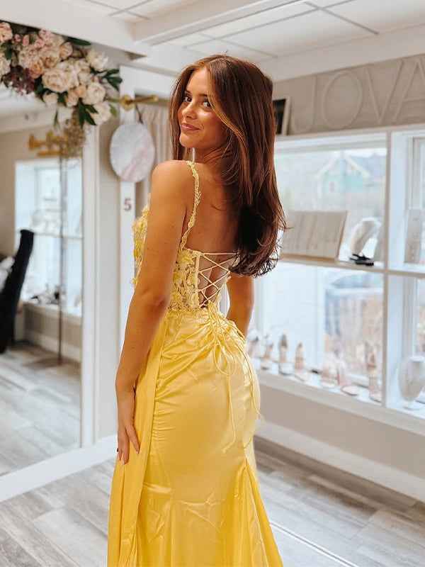 Yellow Sheath Mermaid Sweetheart Satin Appliqued Long Prom Dress with Slit