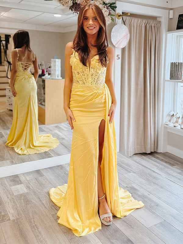 Yellow Sheath Mermaid Sweetheart Satin Appliqued Long Prom Dress with Slit