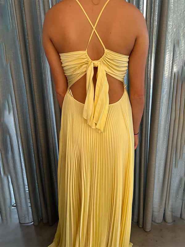 Green Spaghetti Straps Pleated A-Line Empire-Waist Formal Prom Dress