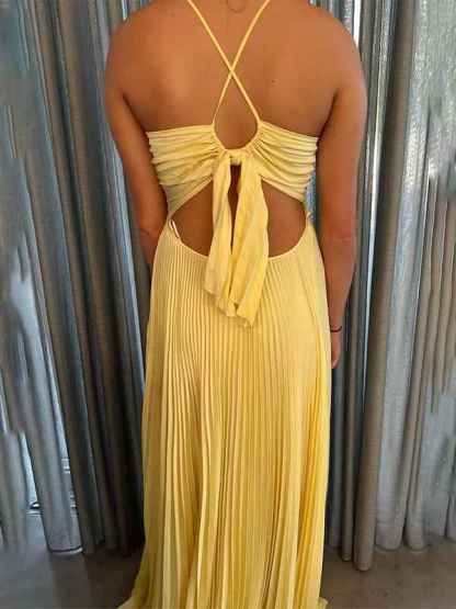 Green Spaghetti Straps Pleated A-Line Empire-Waist Formal Prom Dress