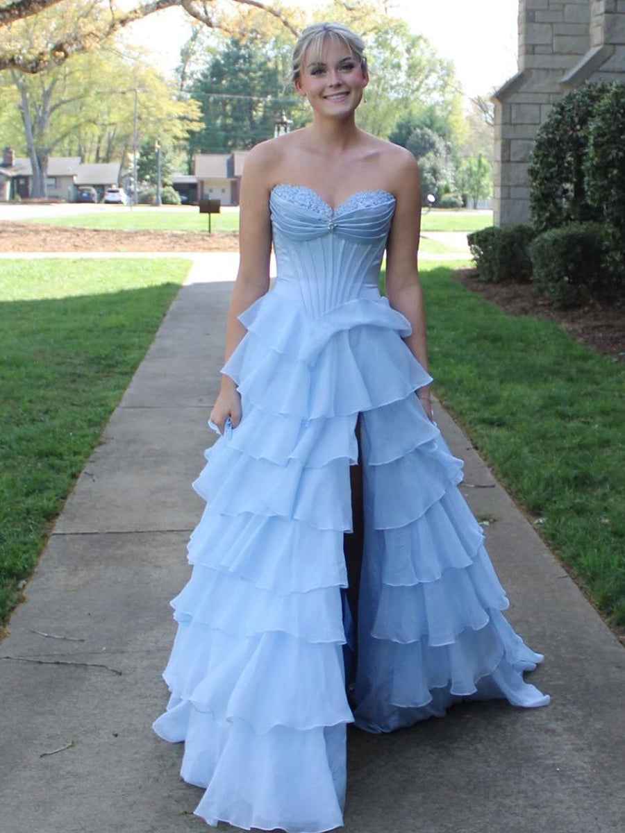 Yellow Strapless Tiered Ruffle Corset Prom Dress with High Slit