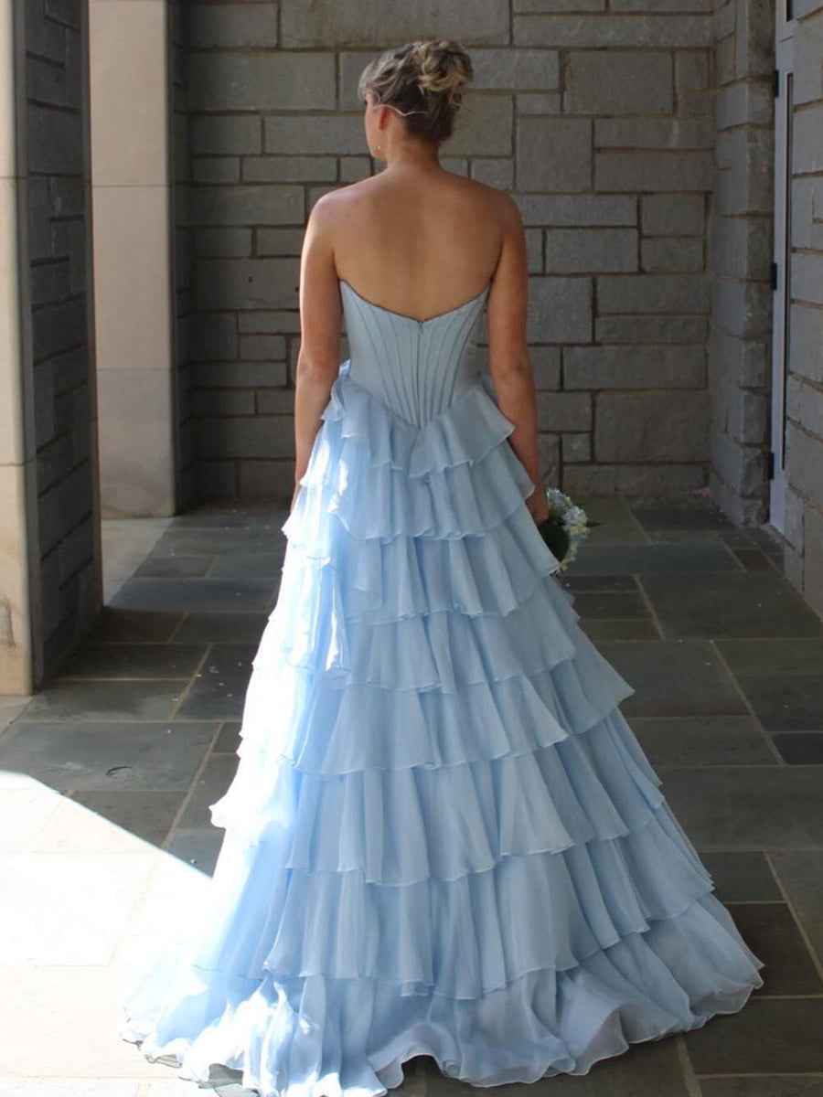 Yellow Strapless Tiered Ruffle Corset Prom Dress with High Slit