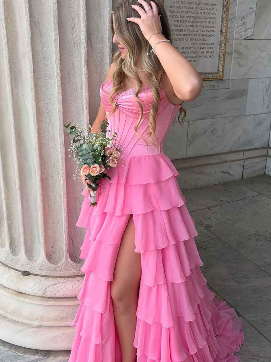 Yellow Strapless Tiered Ruffle Corset Prom Dress with High Slit