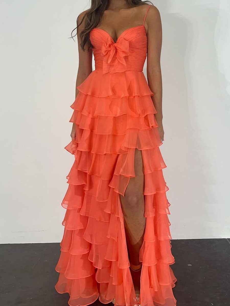 Yellow Tie-Front Sweetheart Neckline Tiered Ruffle Prom Dress with Slit