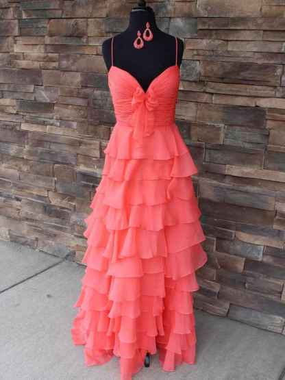 Yellow Tie-Front Sweetheart Neckline Tiered Ruffle Prom Dress with Slit