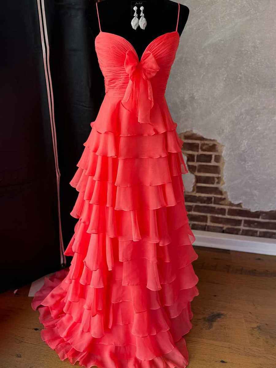 Yellow Tie-Front Sweetheart Neckline Tiered Ruffle Prom Dress with Slit