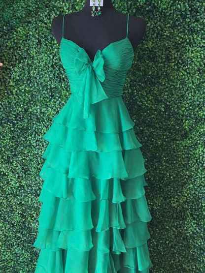 Yellow Tie-Front Sweetheart Neckline Tiered Ruffle Prom Dress with Slit