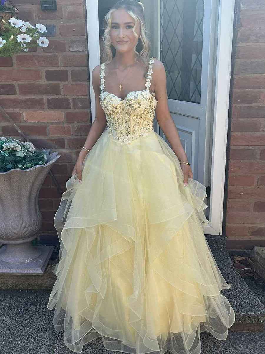 Yellow A-Line Straps Empire-Waist Sweetheart Ruffles Long Prom Dress