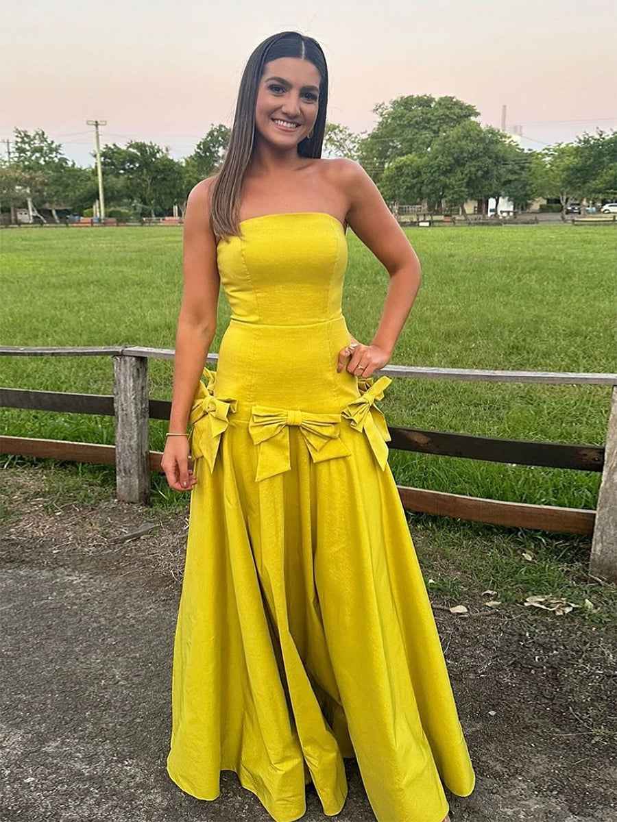 A Line Strapless Drop-Waist Prom Dress with Bow Accents