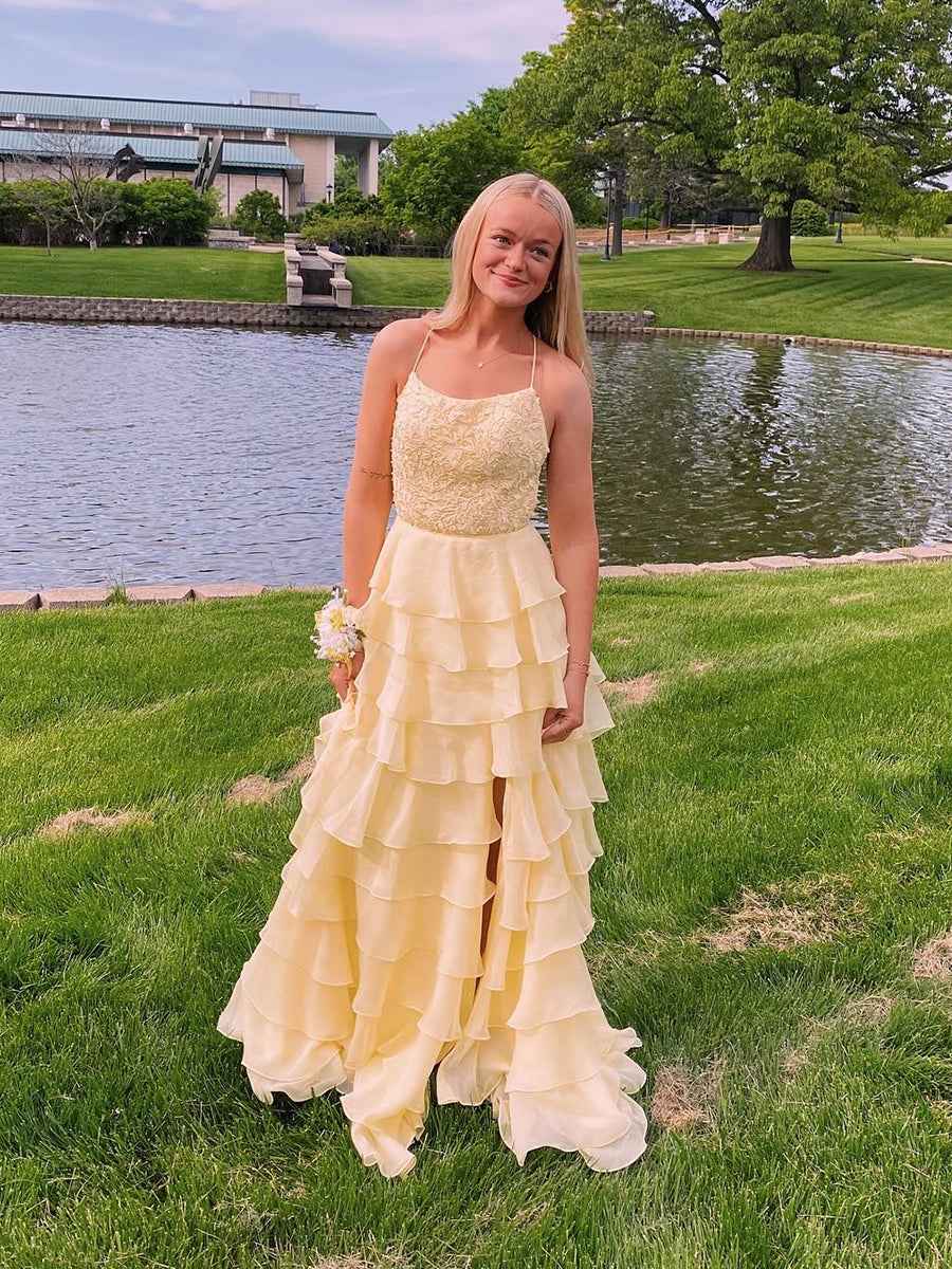 Yellow A Line Appliques Tiered Long Prom Dress with Slit