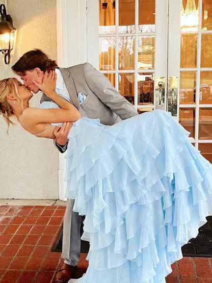 Yellow A Line Appliques Tiered Long Prom Dress with Slit