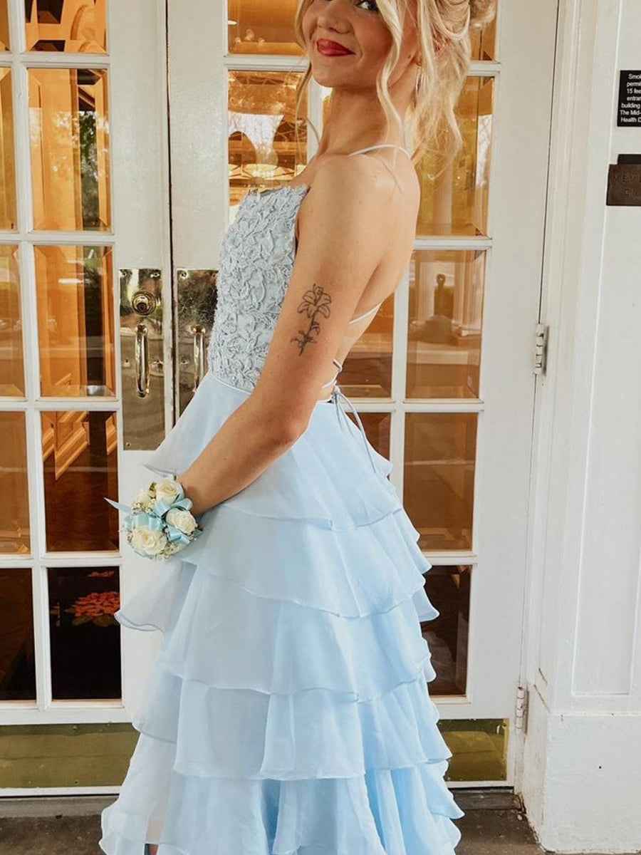 Yellow A Line Appliques Tiered Long Prom Dress with Slit