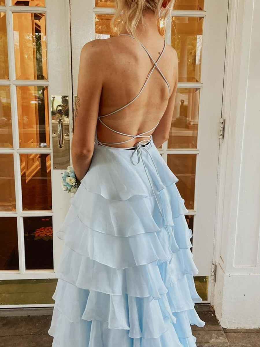 Yellow A Line Appliques Tiered Long Prom Dress with Slit