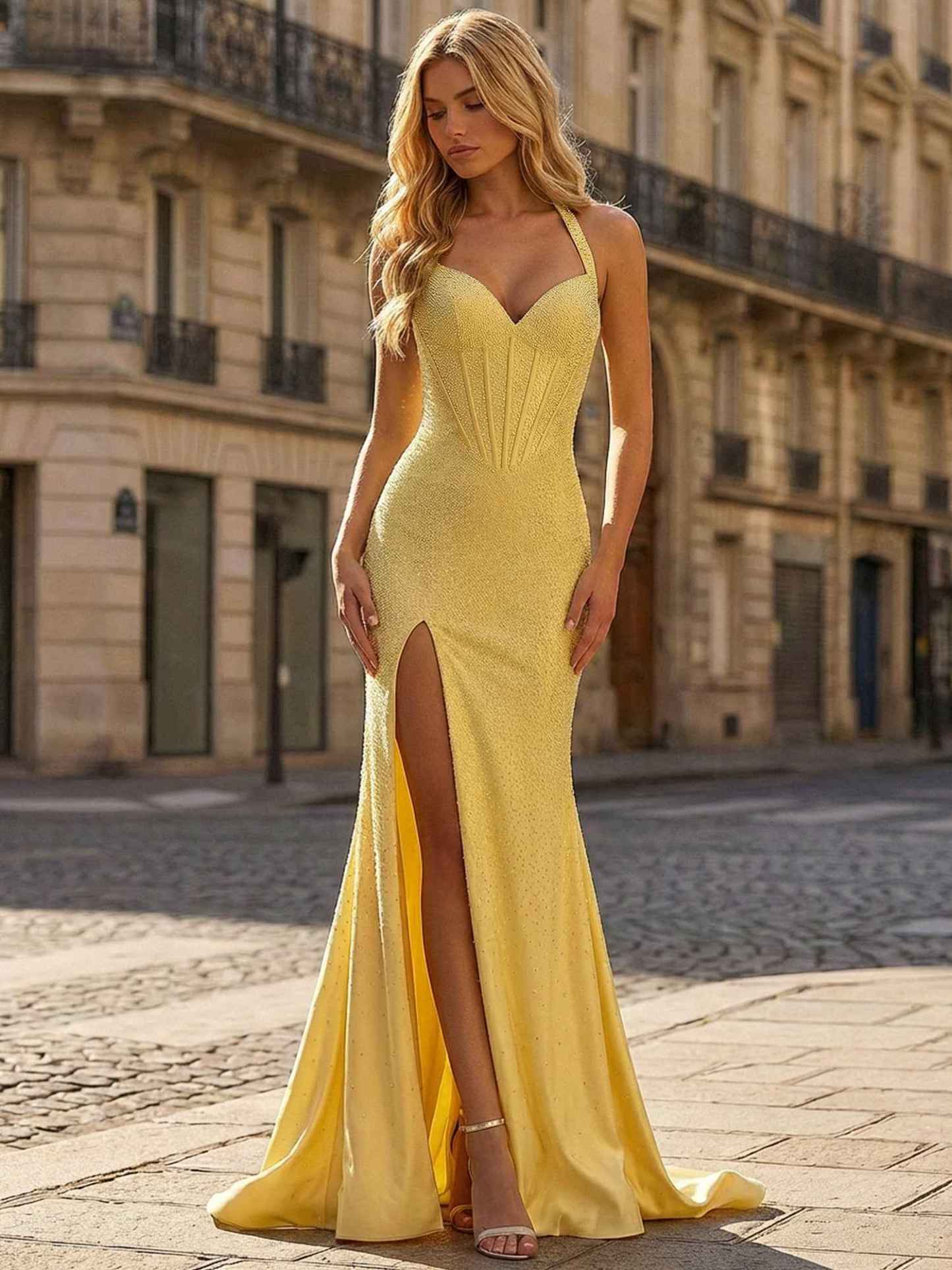 Yellow Beaded Halter Corset Prom Dress with High Slit