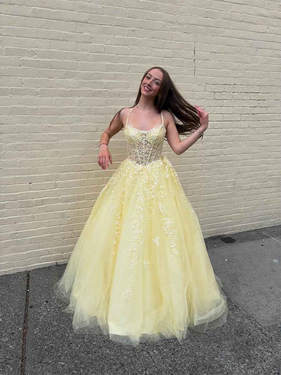 Yellow Floral A Line Lace Tulle Long Prom Dress with Applique|