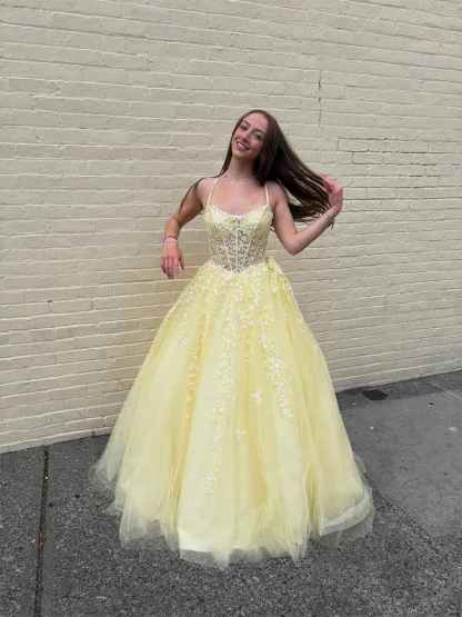 Yellow Floral A Line Lace Tulle Long Prom Dress with Applique|