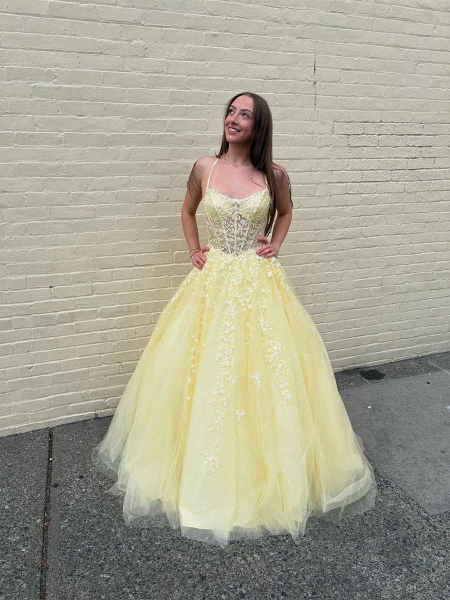Yellow Floral A Line Lace Tulle Long Prom Dress with Applique|