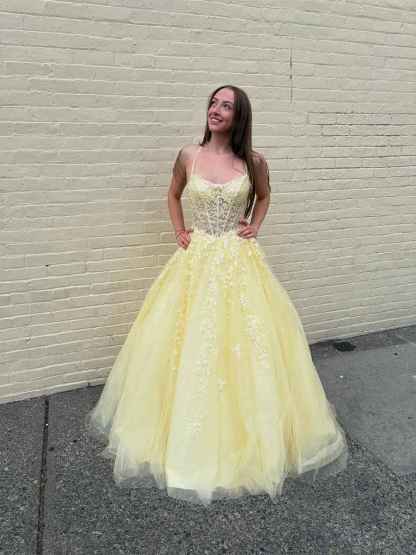 Yellow Floral A Line Lace Tulle Long Prom Dress with Applique|