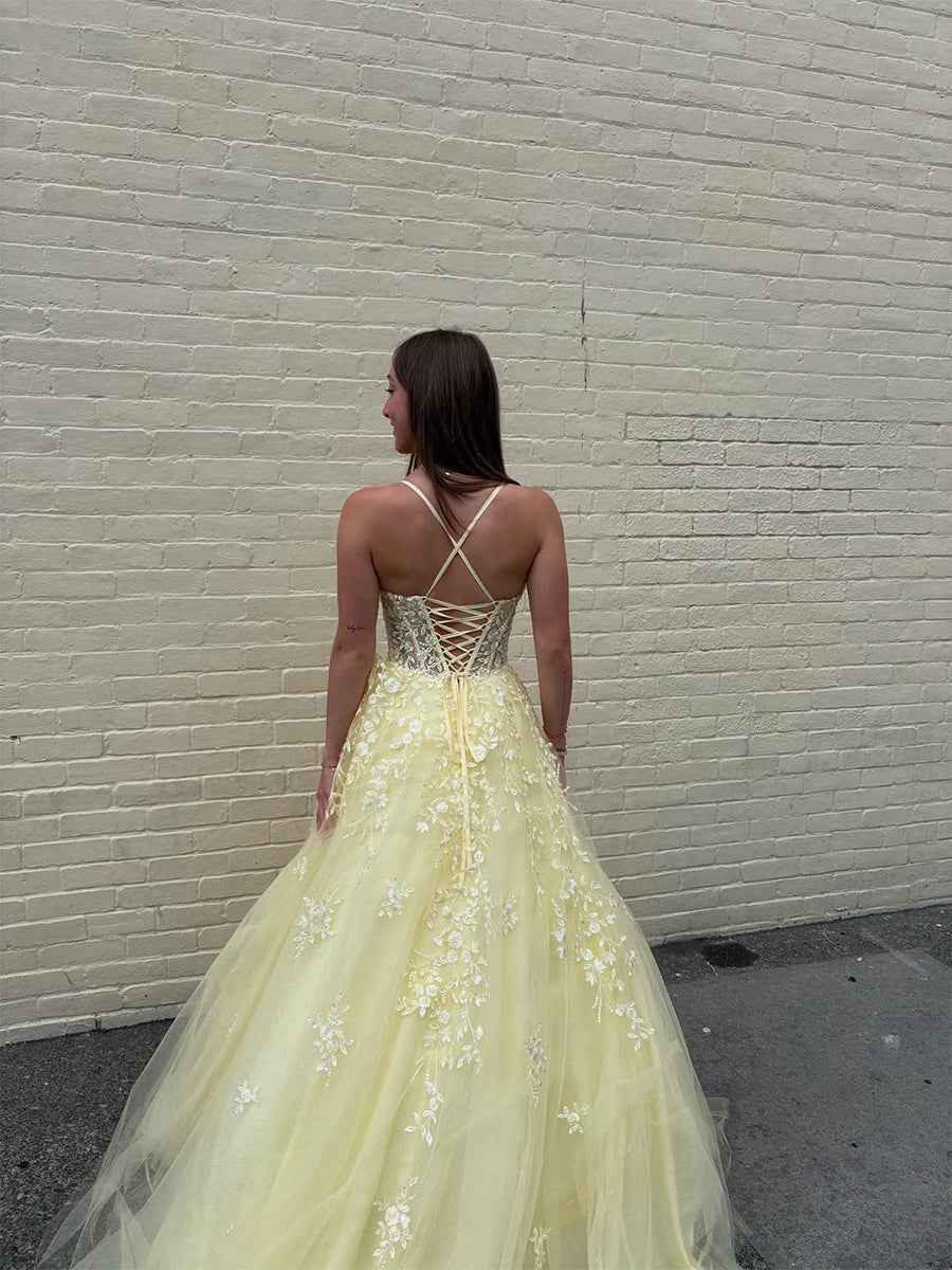 Yellow Floral A Line Lace Tulle Long Prom Dress with Applique|