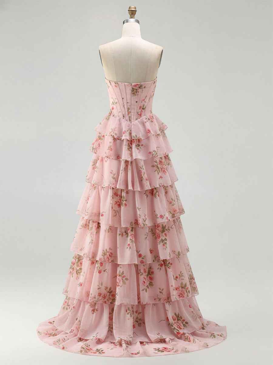 Sparkly Blue Floral Corset Ruffled Long Prom Dress with Slit