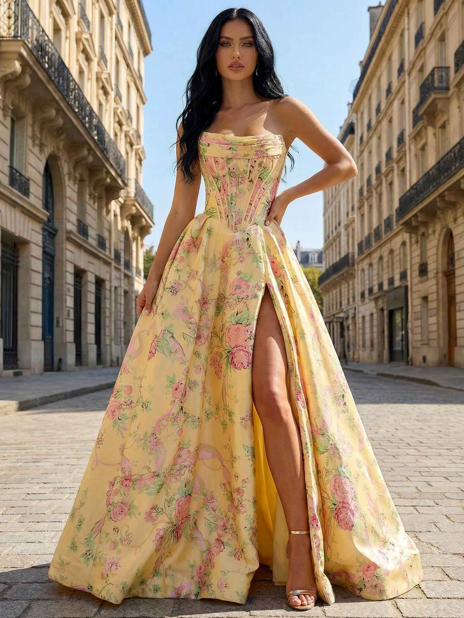 Yellow Floral Print A Line Strapless Satin Corset Prom Dress