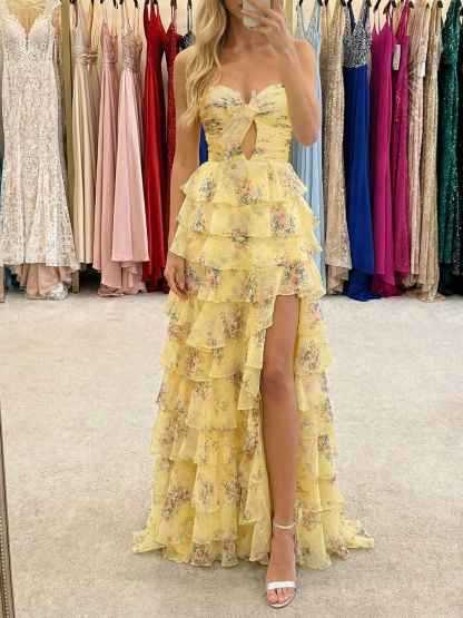 Yellow Floral Print Strapless Tiered Ruffles Long Prom Dress with Tie-Front Bow