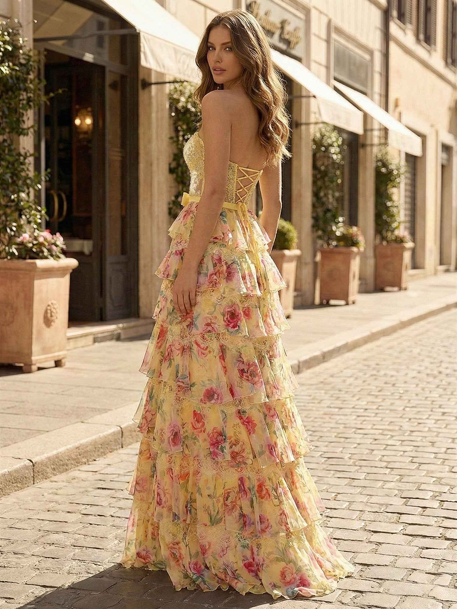 Yellow Floral Strapless Tiered Ruffle Corset Prom Dress with Bow