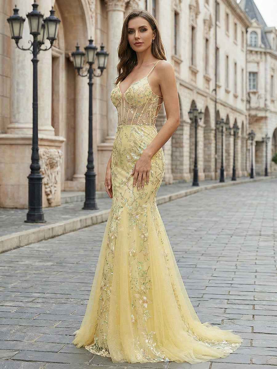 Yellow Floral Sweetheart Spaghetti Straps Corset Mermaid Prom Dress