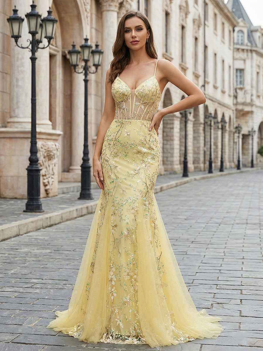Yellow Floral Sweetheart Spaghetti Straps Corset Mermaid Prom Dress