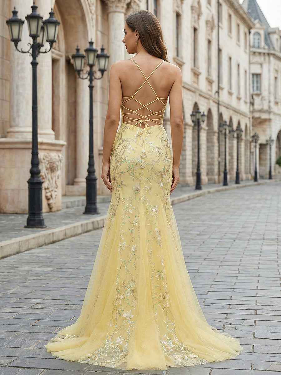 Yellow Floral Sweetheart Spaghetti Straps Corset Mermaid Prom Dress