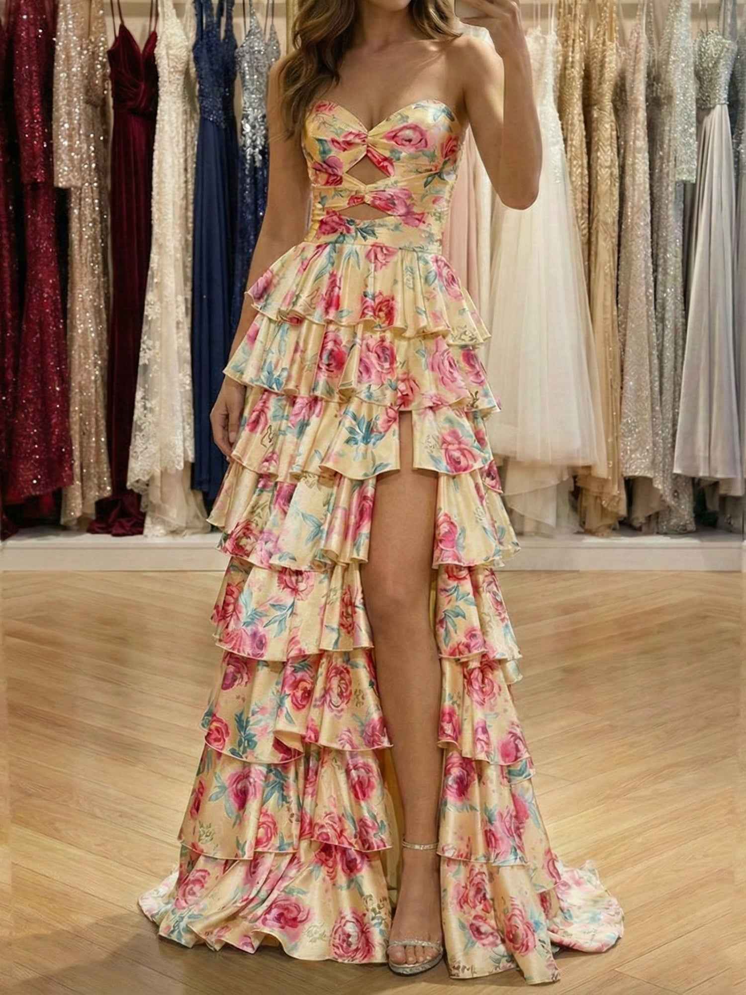 Yellow Floral Tiered Ruffle Long Prom Dress with Keyhole