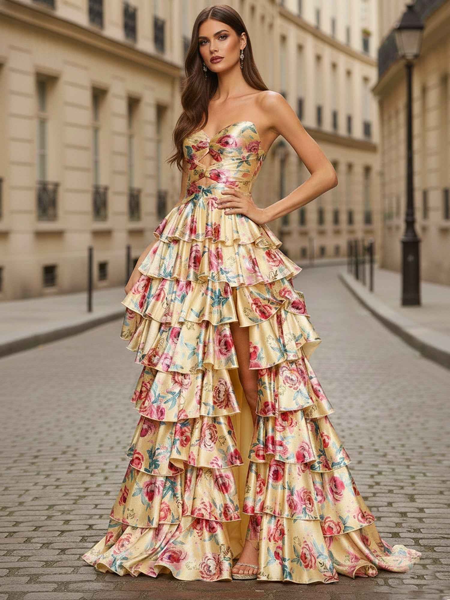 Yellow Floral Tiered Ruffle Long Prom Dress with Keyhole