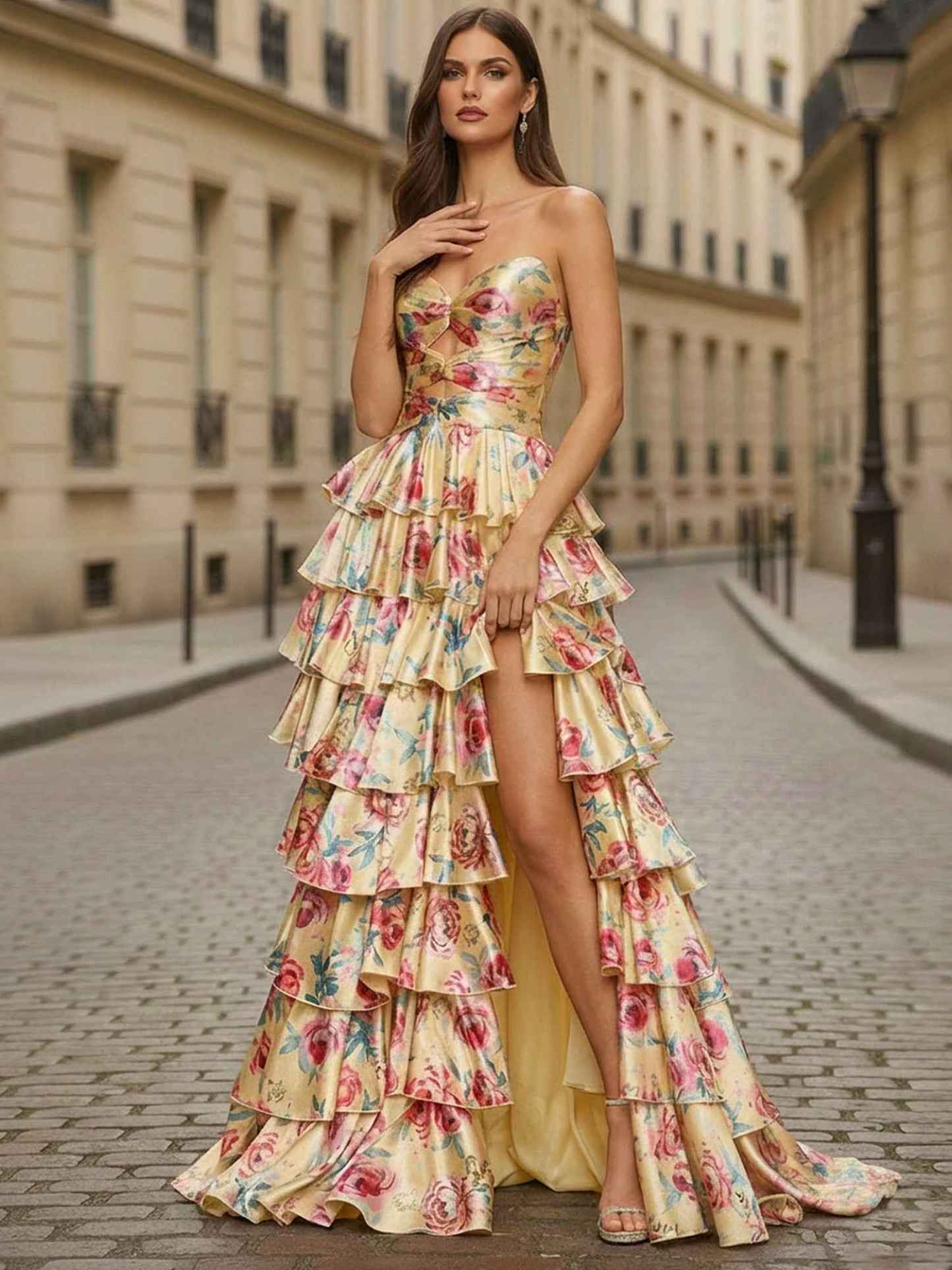 Yellow Floral Tiered Ruffle Long Prom Dress with Keyhole