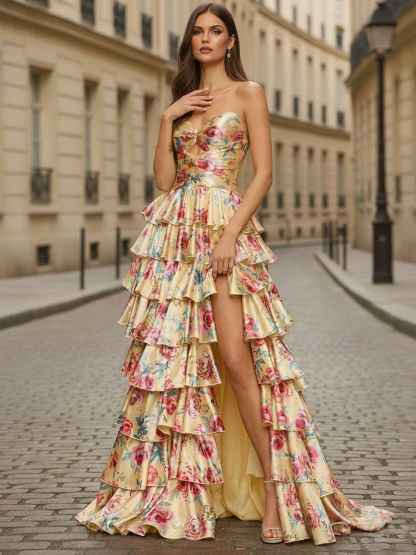 Yellow Floral Tiered Ruffle Long Prom Dress with Keyhole