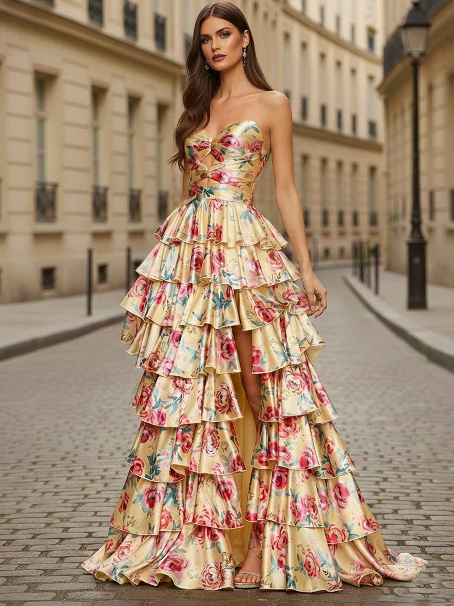 Yellow Floral Tiered Ruffle Long Prom Dress with Keyhole