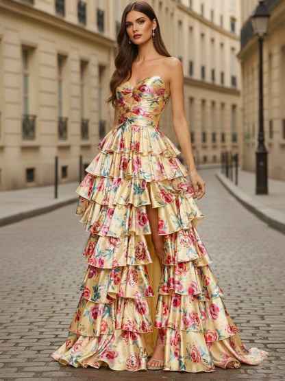 Yellow Floral Tiered Ruffle Long Prom Dress with Keyhole