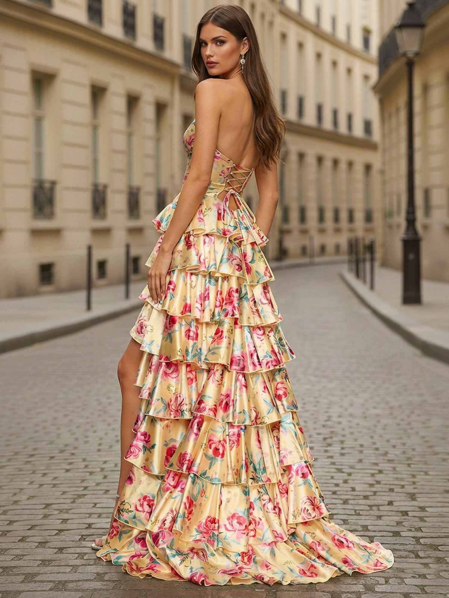 Yellow Floral Tiered Ruffle Long Prom Dress with Keyhole
