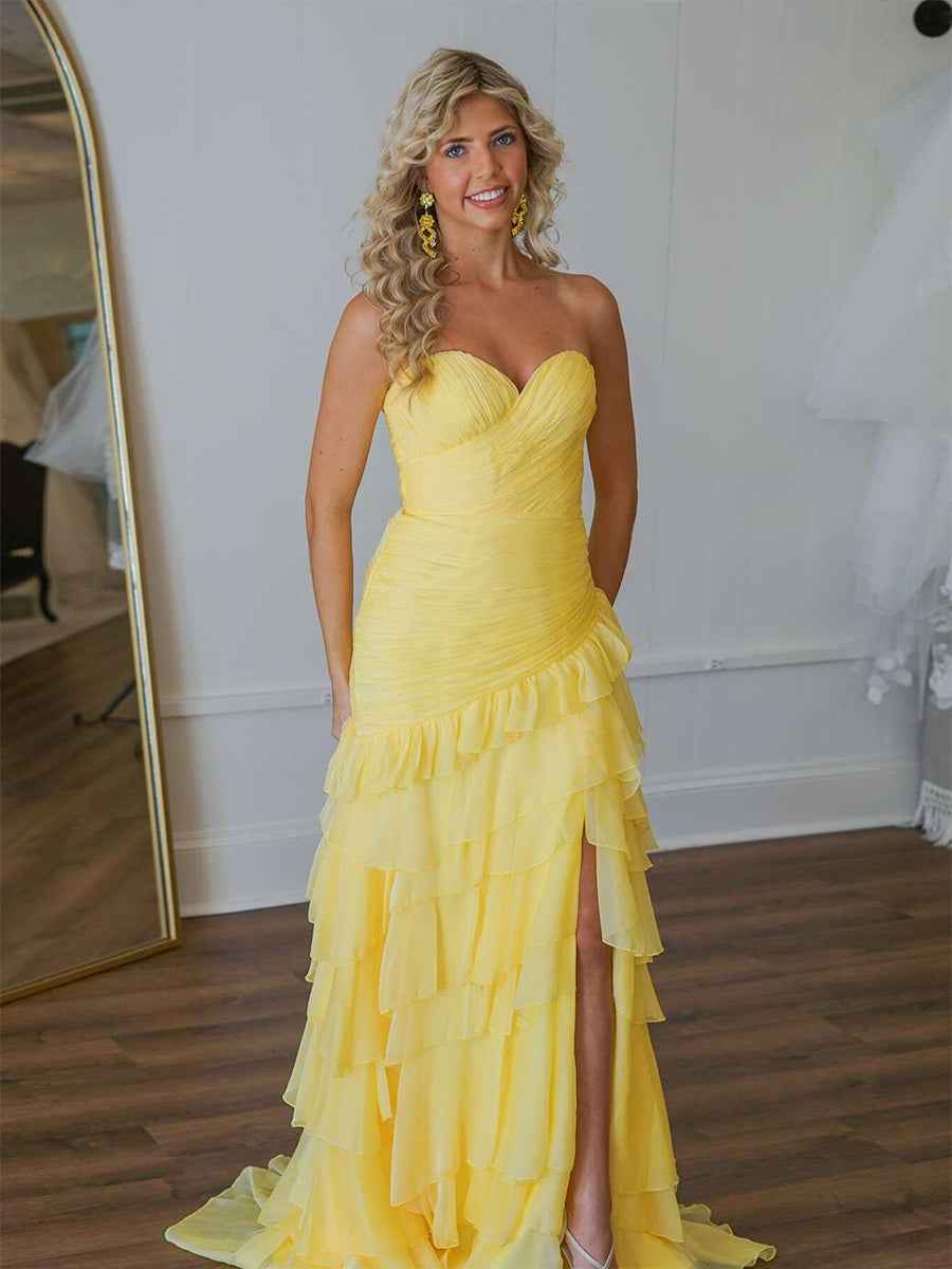 Yellow Mermaid Sweetheart Long Tiered Tulle Prom Dress with Slit