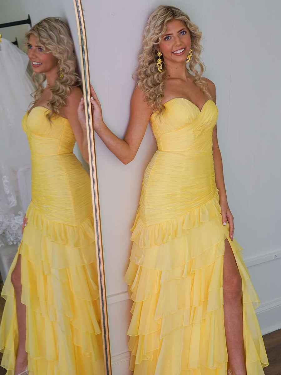 Yellow Mermaid Sweetheart Long Tiered Tulle Prom Dress with Slit