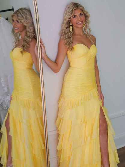 Yellow Mermaid Sweetheart Long Tiered Tulle Prom Dress with Slit