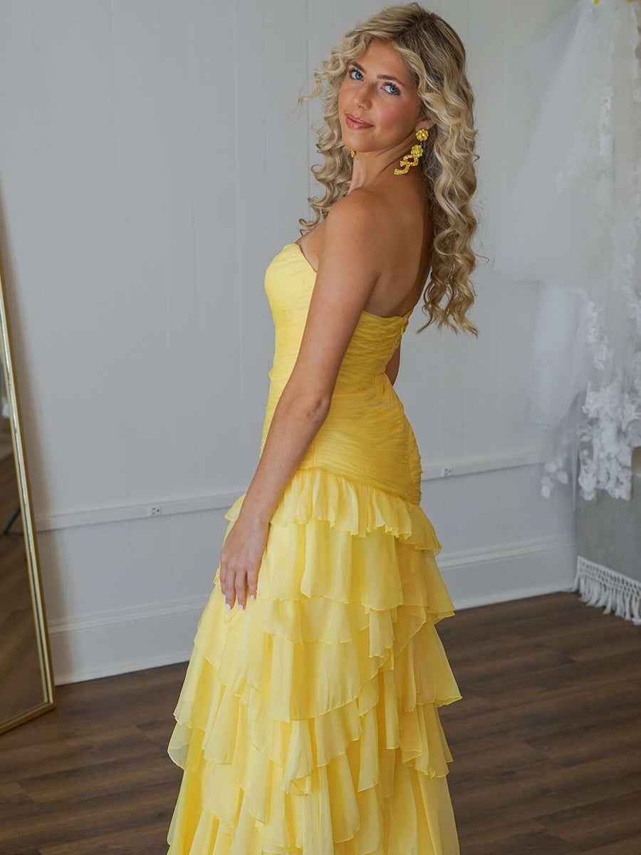 Yellow Mermaid Sweetheart Long Tiered Tulle Prom Dress with Slit