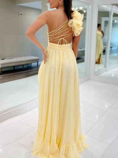 Yellow One-Shoulder Rosette Chiffon Prom Dress with High-Low Ruffled Skirt