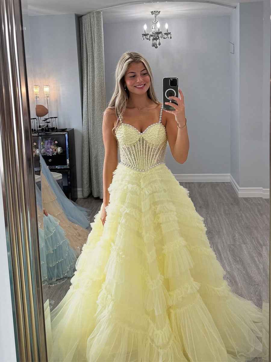 Yellow Pearl Encrusted Corset Ruffled Tulle Long Prom Dress