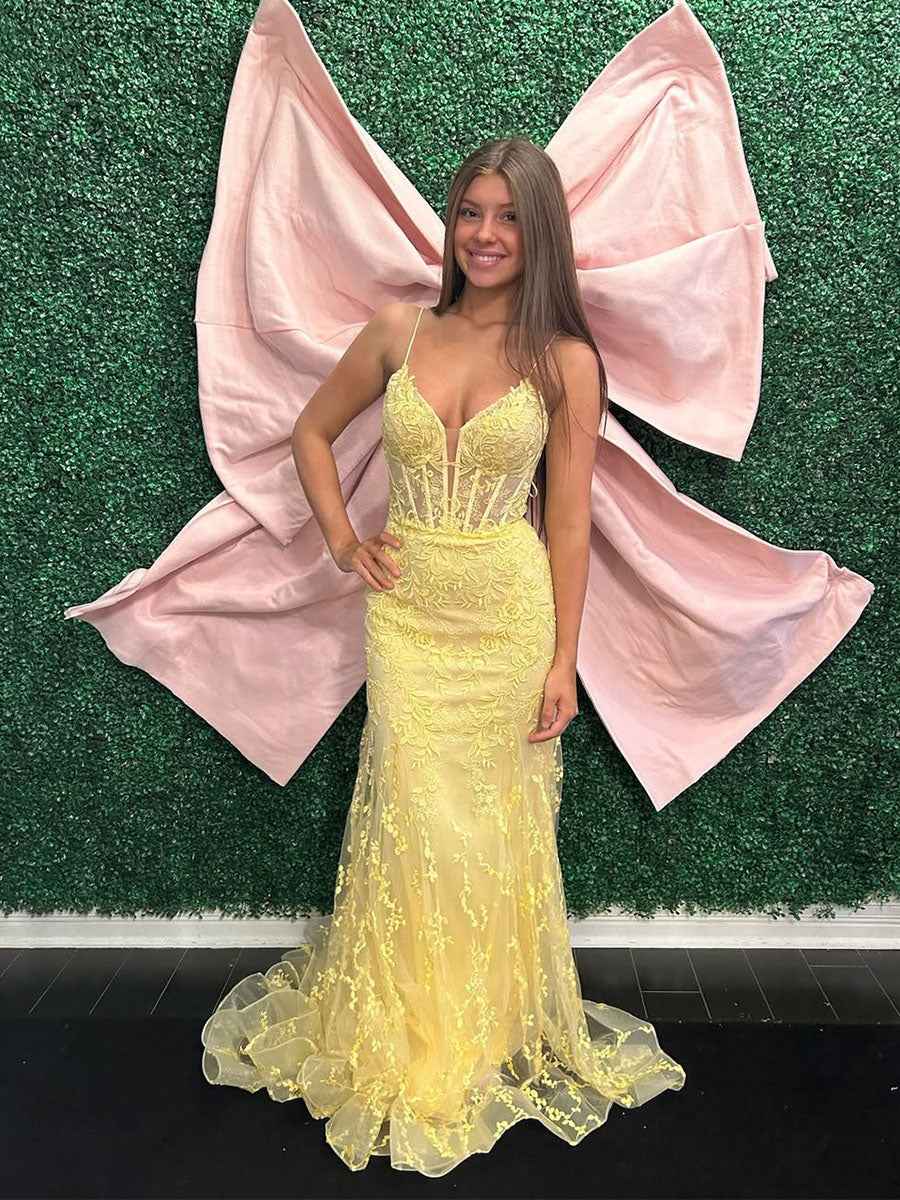 Yellow Plunging V-Neck Sheer Corset Prom Dress with Floral Lace Applique|s