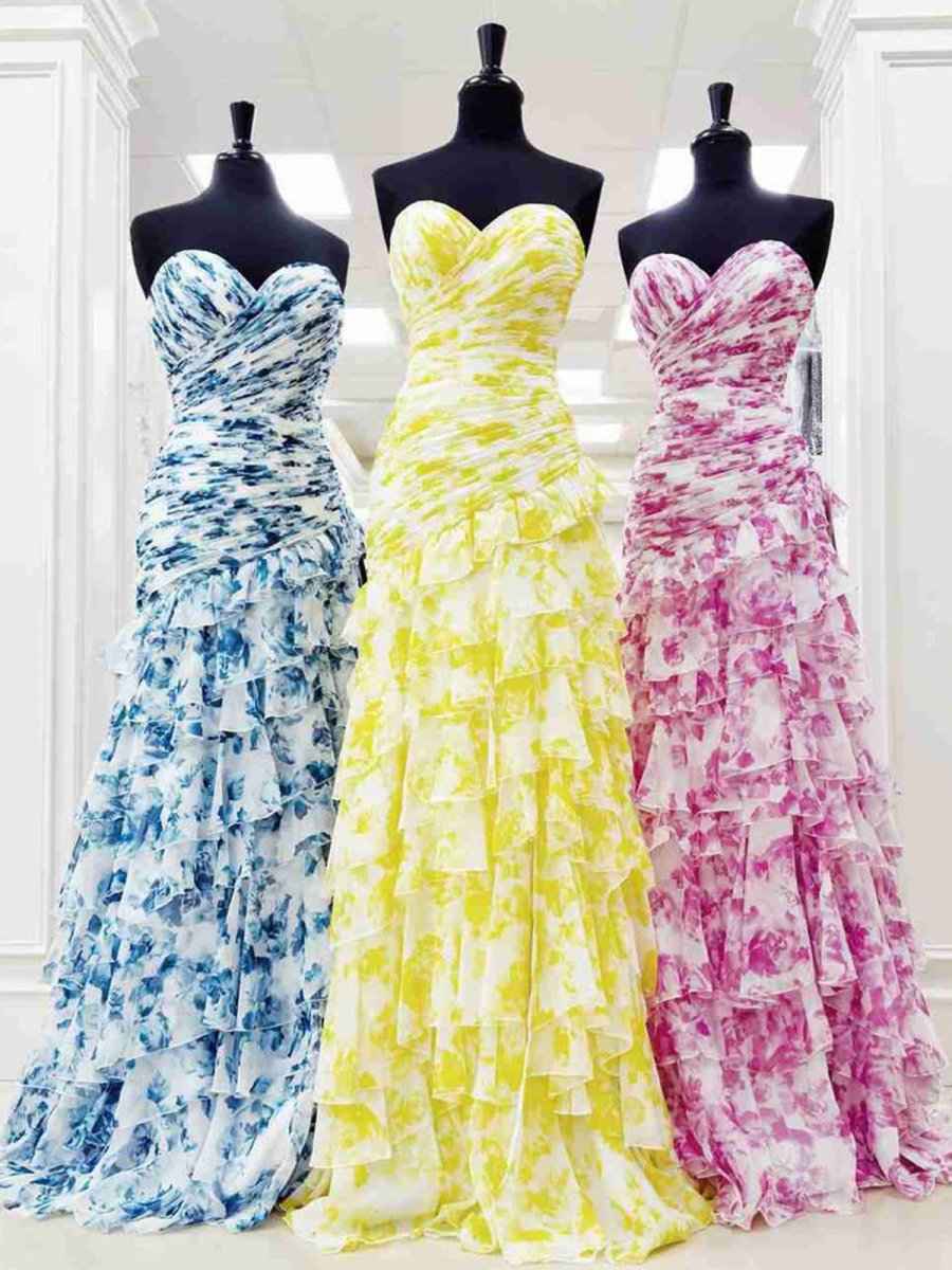 Yellow Print Mermaid Ruffled Tiered Prom Dress with Slit