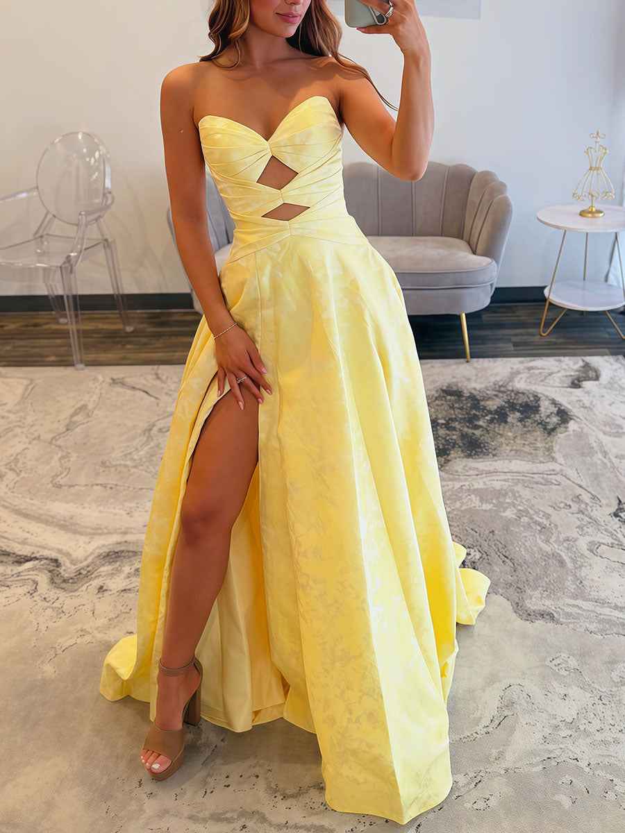 Yellow Strapless A-Line Cutouts Prom Dress with High Slit