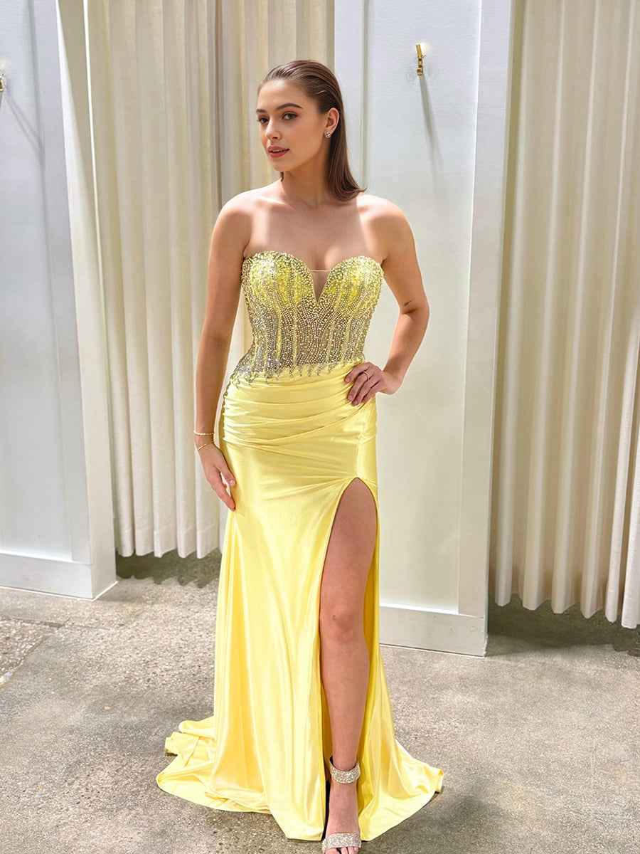 Yellow Satin Strapless Crystal Beaded Corset Prom Dress with High Slit