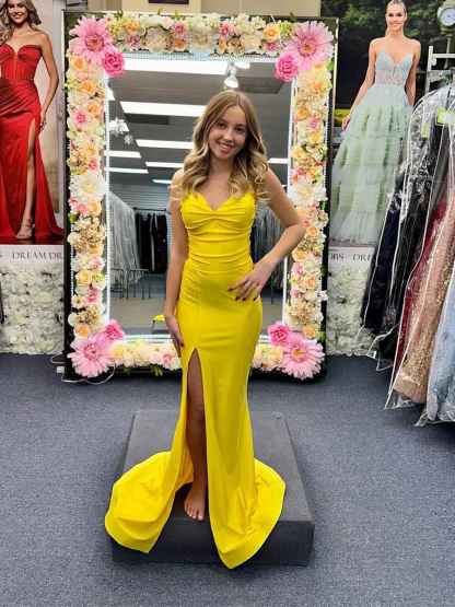 Yellow Spaghetti Strap Twisted Ruched Bodice Prom Dress with High Slit