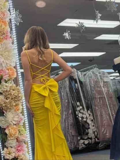 Yellow Spaghetti Strap Twisted Ruched Bodice Prom Dress with High Slit