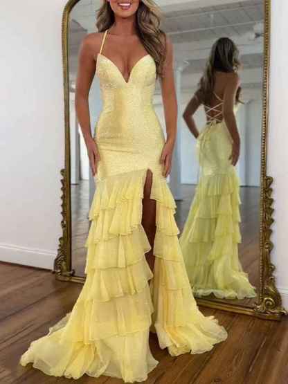 Yellow Sparkly Mermaid Tiered Ruffle Sequin Long Prom Dress